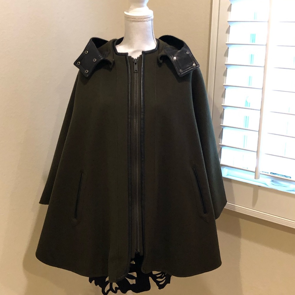 Olive green wool leather trim cape coat